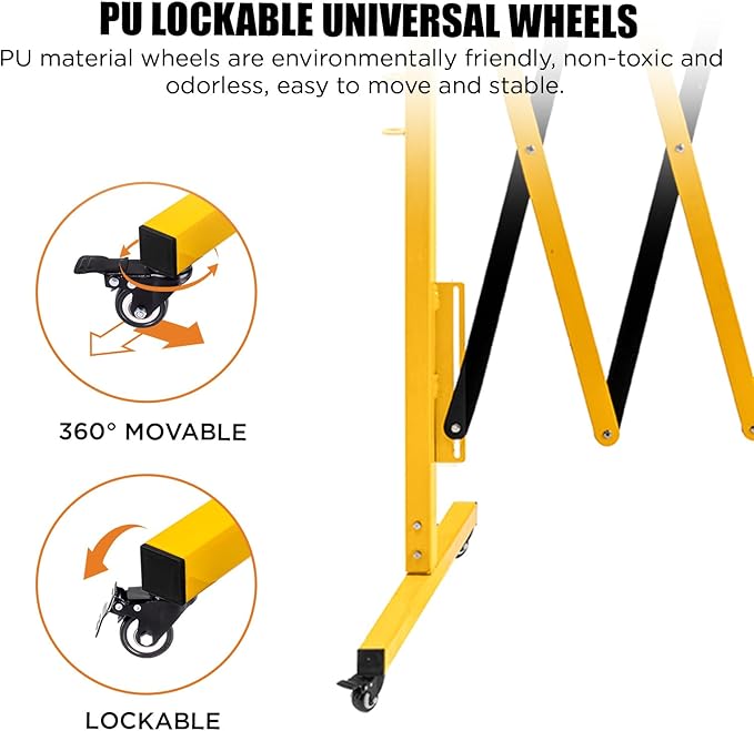 TECSPACE Industrial Expandable Metal Barricade Expansion Size 8.2 FT Yellow and Black Durable Steel Safety Barricade with casters Flexible Mobile Barrier Gate Adjustable Traffic Fence
