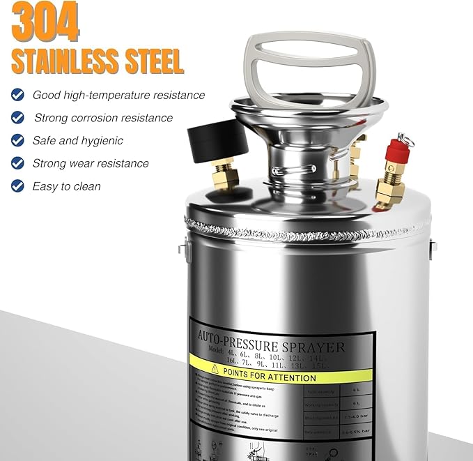 1 Gallon Hand Pump Sprayer 304 Stainless Steel Garden Chemical Sprayer with Pressure Gauge Adjustable Nozzle 13 Sprayer Wand 3.3ft Hose &amp Safety Valve