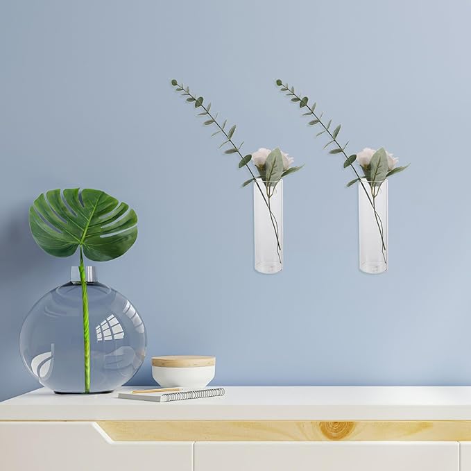 DOITOOL 4 Sets Glass Wall Mounted Planters Wall Glass Tube Plant Holder Clear Hanging Cylinder Terrariums with Hooks for Hydroponics Plants Office Decorations