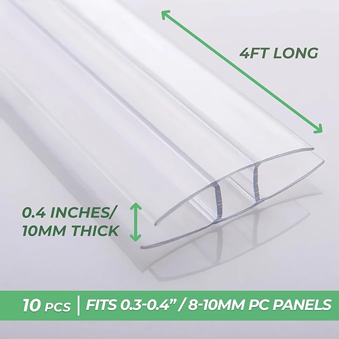 Polycarbonate Greenhouse Panels Connectors - 0.4 Thick Fit 10mm or 8mm Twin-Wall Polycarbonate Panels Join 2 Pieces of Panels Together 4-Foot Length 10 Pieces (H Connectors 10mm-4ft)