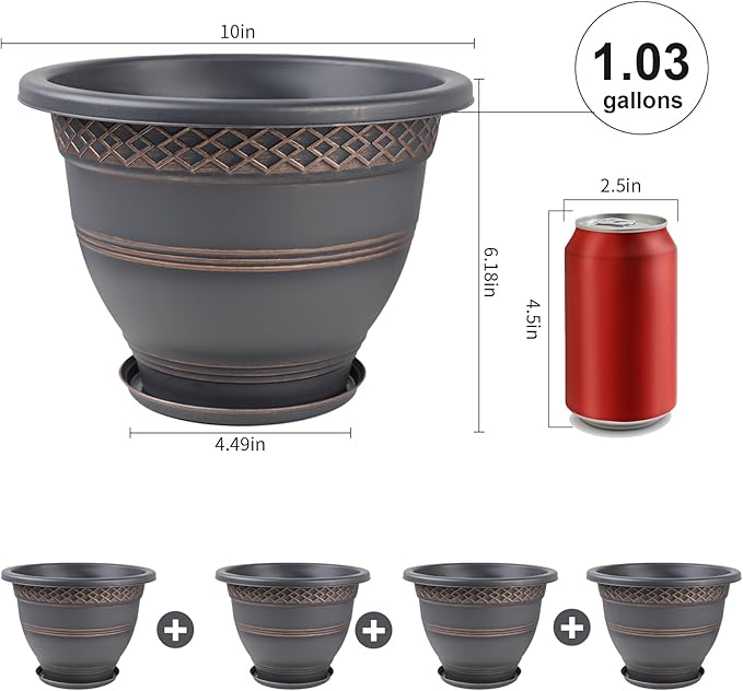 10 Inch 4 Pack Plant Pots Plastic Flower Pot for Indoor &amp Outdoor with Drainage Holes &amp Saucer Plaid Pattern Planters Garden Pots for Herbs