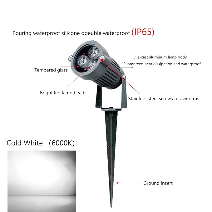 Kiven Outdoor Landscape Plug-in LED Lighting with Timer Function 3W Waterproof Yard Lights COB Led Spotlights with Spiked Stand for Lawn Decorative Lamp IP65 Indoor Wall Light 6000K