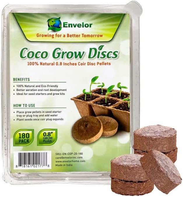 Envelor Coco Coir Seed Starting Pellets 0.8 Inches Dia - 180 Pack Soil Mix for Seed Starter Kits Nursery Pots and Seed Trays Compressed Coconut Fiber Pellets Indoor Plants Potting Soil Coco Discs