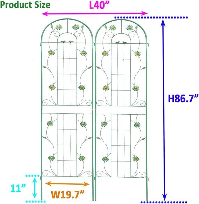 Metal Garden Trellis for Climbing Plants Vines Rose Rustproof Trellis for Outdoor Decor Garden Backyard Patio Outdoor Flower Support Easy Assembly 86.7 x 19.7 (Green 4 Pack)
