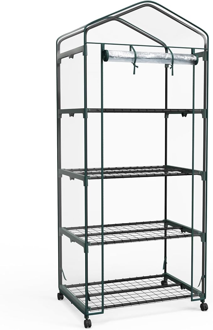 NEWBULIG Mini Greenhouse for Outdoors 4-Tier Portable Green House with Wheels and Clear PVC Cover All-Weather Plant House for Outside and Indoor27.17 x 19.29 x 65.35 Inches