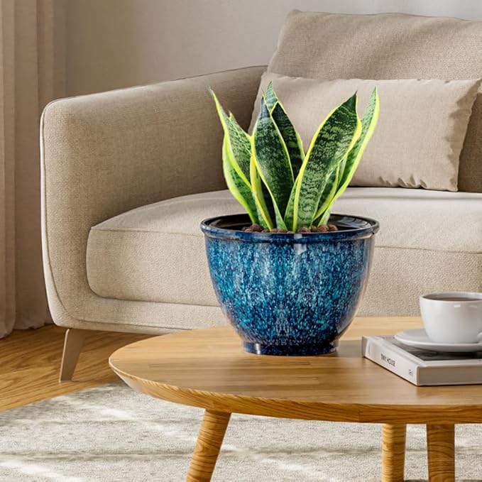 Plant Pots Set of 4 Plastic Planters with Drainage Hole 8 Inch Glaze Plastic Flower Pots for Plants Nursery Planting Pot Planter for Indoor Outdoor Home Decorative(Blue)