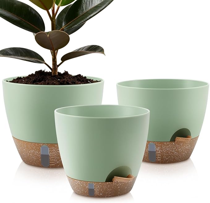 Self-Watering Plant Pots with Water Level Indicator Drainage Holes &amp Saucers – 12/10/9 Inch Large Plastic Planter Set for Indoor &amp Outdoor Plants (Green)