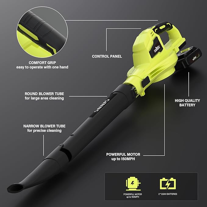 SOYUS Leaf Blower 20V Leaf Blower Cordless with 2x2.0Ah Battery and Charger 150 MPH Electric Leaf Blowers with Two-Speed Mode Blowers for Lawn Care Debris Dust Cleaning(Green)