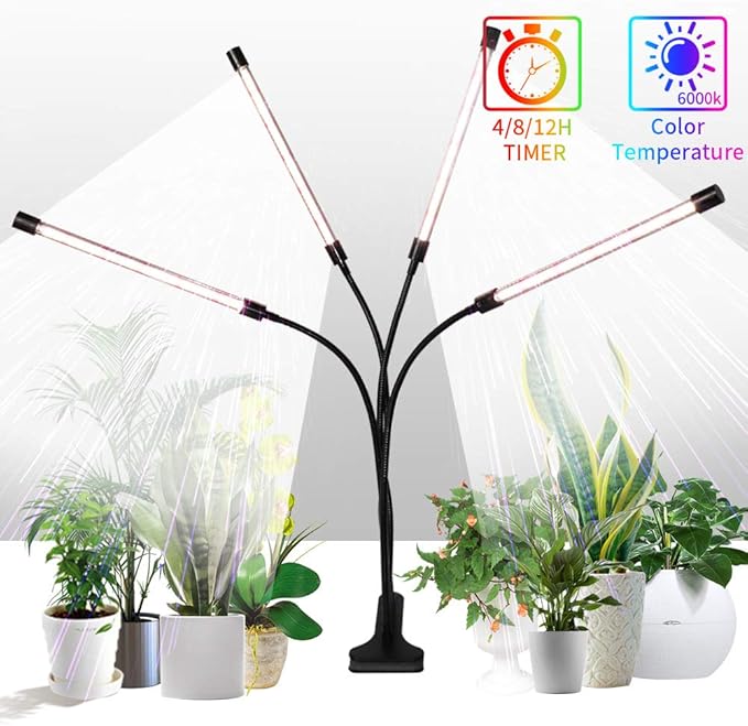 RUNAAJA Long Four-Head Clamps Plant Growth Light Succulent Plant Light LED Ground Insert Plant Light with Auto On/Off Timer 4H/8H/12H/18H Plant Grow Light
