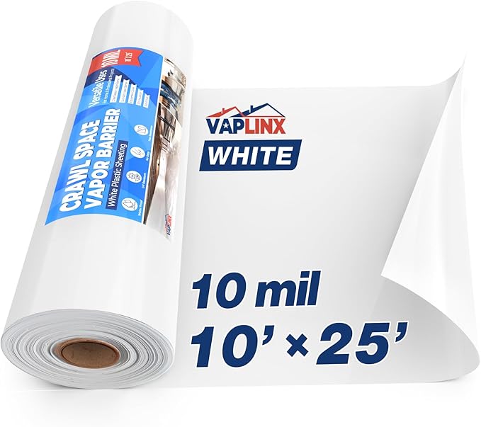 White Crawl Space Vapor Barrier 10 Mil Vapor Barrier 10' x 25' Heavy Duty Polyethylene Film Thick Plastic Sheeting Plastic Drop Cloth Covering for Crawlspace Basement White