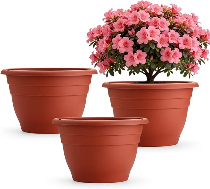3 Pack 11 Inch Plant Pots Lightweight Planters with Drainage HolesDurable Indoor &amp Outdoor Flower Pots for GardenPatio &amp Home Decor(Pottery Red)