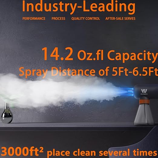 Cordless Electric Disinfection Fogger Detachable Stainless Steel Nozzle 3-Gear Adj 14.2oz Sanitizer Atomizer Blue Light Nano Spray Gun for Place Cleaning/High-Touch Item Contactless Sanitization