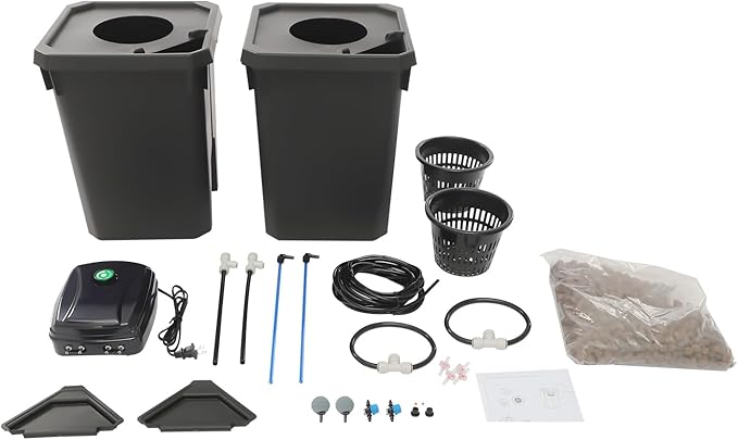 5 Gallon Deep Water Culture Bucket System- Complete 2 Bucket DWC Hydroponics Kit with 12W Air Pump Net Pots &amp Clay Pebbles Ideal for Indoor Gardening of Tomatoes Lettuce Strawberries