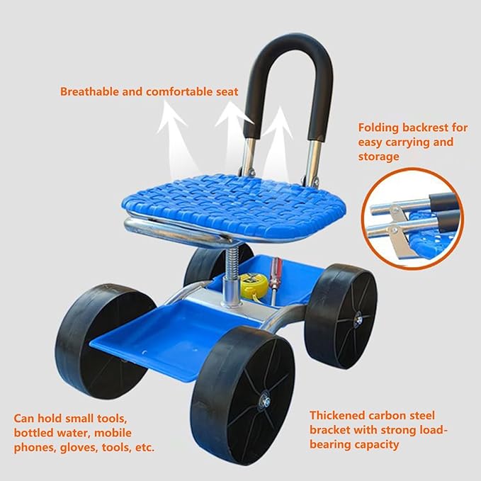Rolling Garden Stool with Wheels - 360° Swivel Seat Cart | Outdoor Planting Chair with Tool Tray for Weeding &amp Gardening | Portable Scooter for Easy M