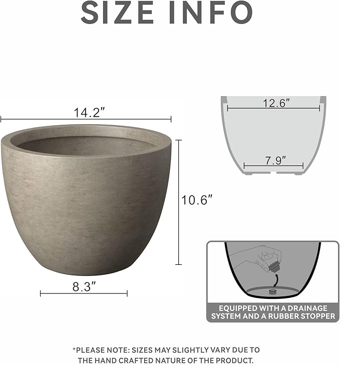 Kante 14.2 Inch Round Concrete Planter - Classic Large Indoor/Outdoor Plant Pot with Drainage Hole and Rubber Plug Suitable for Gardens and Patios Weathered Concrete