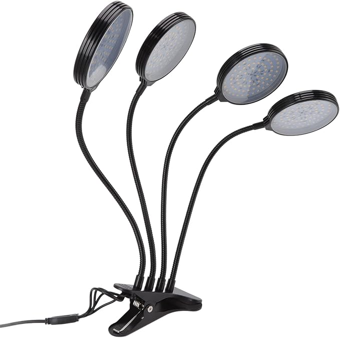 60W 4 Head LED Plant Light for Indoor Growing with USB Power - 360° Adjustable Clip - On Grow Lamp 5 Dimmable Modes Waterproof Design for Plants