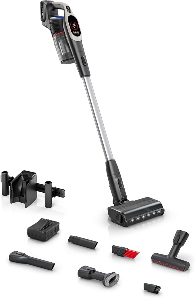 Bosch Unlimited 9 Cordless Stick Vacuum Cleaner - Up to 60 Min Battery Fast Charger Multi-Surface Vacuums Pet Hair Hard Floors and Carpets HEPA Filter 3 Accessories Dark Cream