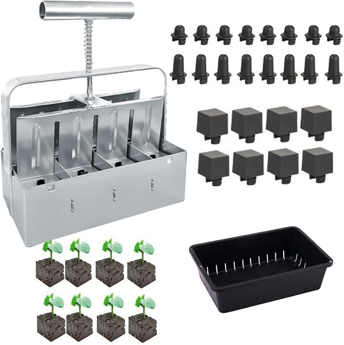 Soil Blocker with A Seedling Tray 8 Cell 2 Inch Soil Block Maker Handheld Block Maker with 3 Sizes Seed Pins Garden Blocking Tools for Seedings Cuttings Greenhouses