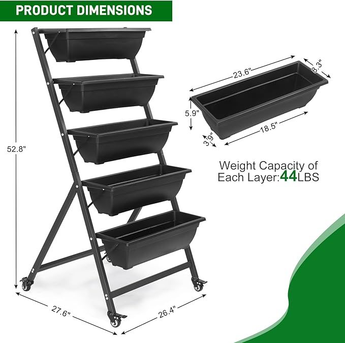 Vasitelan Vertical Raised Garden Bed 5 Tiers Vertical Raised Garden Planter Garden Raised Bed with 4 Wheels Vegetable Flower Planter Raised Stand for Garden Patio Yard Black