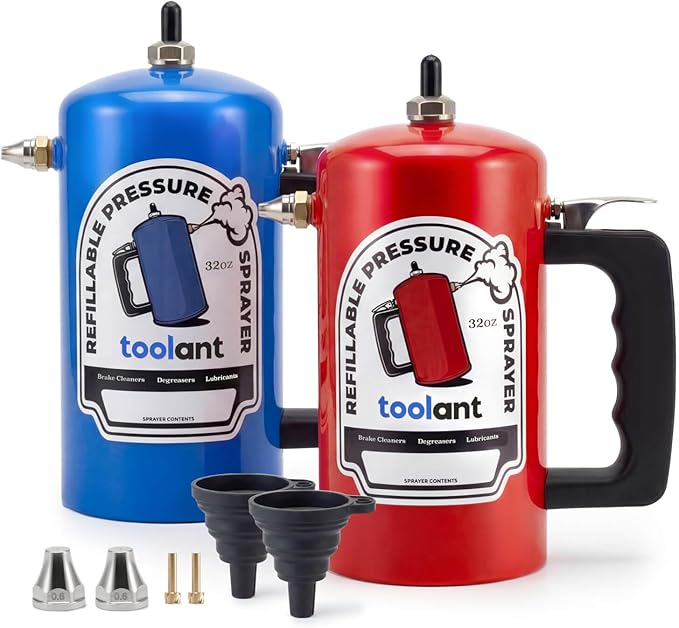 toolant 32 oz Refillable Pressurized Sprayer Steel Canister Rust-Resistant Lining Needle Valve Leak-Resistant 1.0/0.6 mm Nozzles Funnel Included 200 PSI Max for Brake Cleaner &amp Solvents 2
