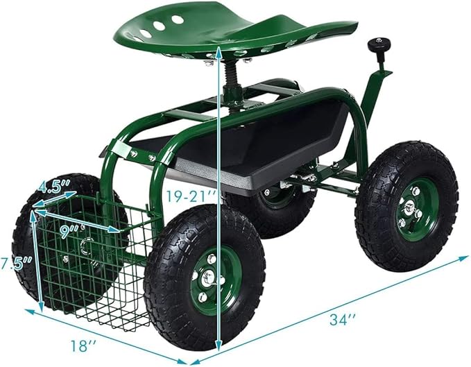 GRAFFY Garden Cart w/Wheels Mobile Rolling Work Seat w/Tool Tray and Basket Lawn Wagon Cart with Rotating and Adjustable Seat Patio Yard Stool Cart Green