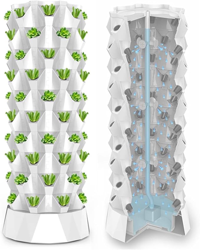 Hydroponic Tower Growing System Garden Hydroponic Growing System Vertical Tower Hydroponics Growing System for Vegetables Aeroponic Tower with Hydrating Pump Seeding Bed &amp Net PotsWhite-80Pot