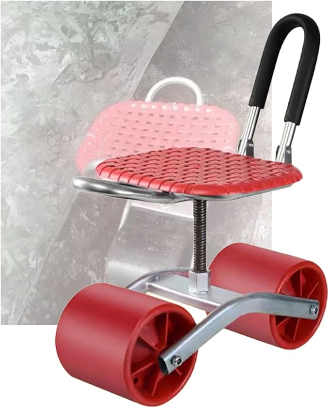 Rolling Garden Cart with Adjustable 360° Swivel Seat Gardening Workseat with WheelsFoldable Storage for Lawn Yard(Red)