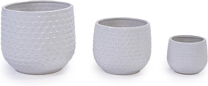 Handmade White Textured Ceramic Planter Set of 3 (9.45×8.07 7.48×6.3 5.31×4.49) Indoor Outdoor Flower Pots for Orchids Succulents by Window Couchside Breathable Clay