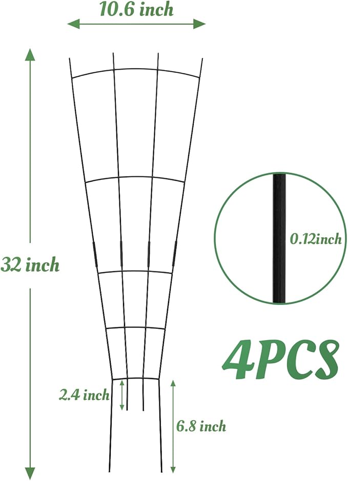4 Pack 32'' Black Metal Plant Trellis Indoor/Outdoor Fan Shape Stainless Steel Modern Style Easy Assembly