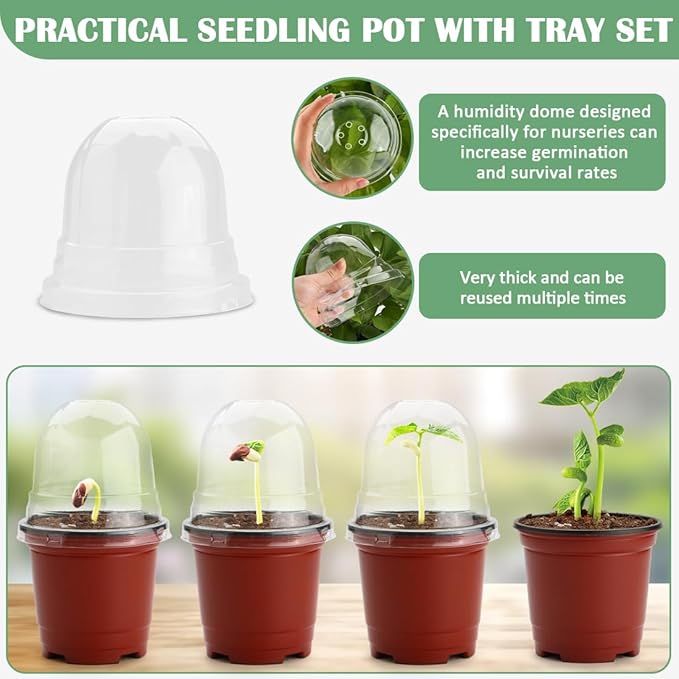 4 Inch 60 Pack Nursery Pots with Humidity Domes &amp 5 Pack 12 Cell Round Seedling Pot Carrying Trays Sturdy Seeds Starter Pot Germination Set Small Planter Nursery Propagation 5 Sets