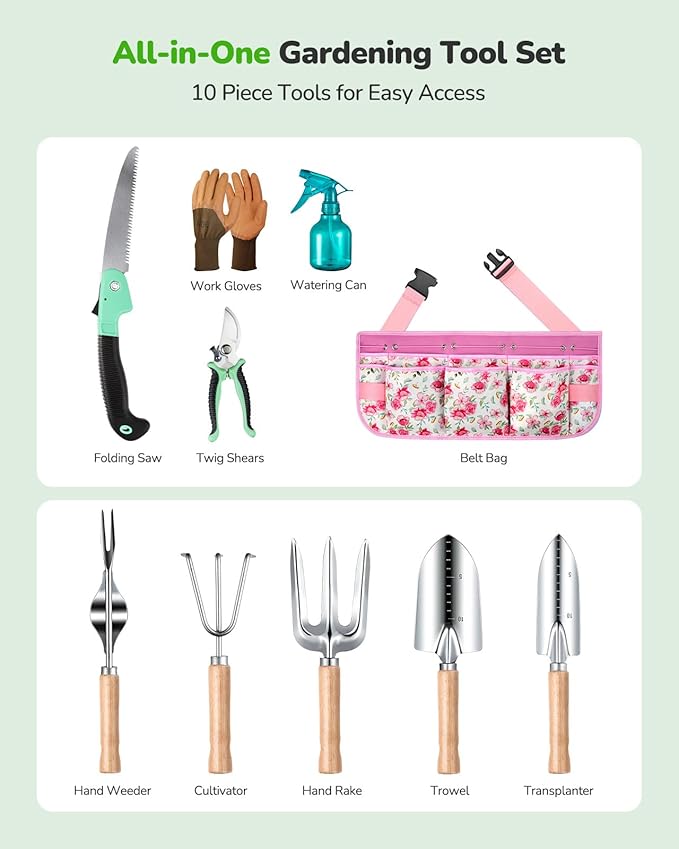 All-in-One Garden Tool Set with Tools Organizer Belt Adjustable 10-Piece Gardening Hand Tools Long Lasting Rust-Proof Premium Garden Tool Kit Gardening Gift for Women Men (Pink)