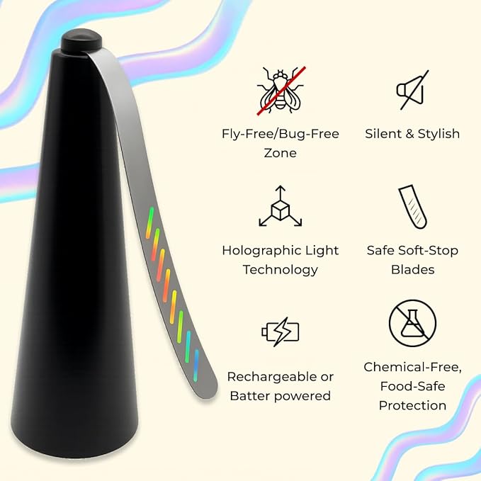 Belfans FlyRepellent Fan for Tables – USB Powered/Rechargable Soundless Fly Swatter with Holographic Blades and Portable Fly Fan for Bees Wasps &amp Outdoor Use (1 Black Rechargeable)