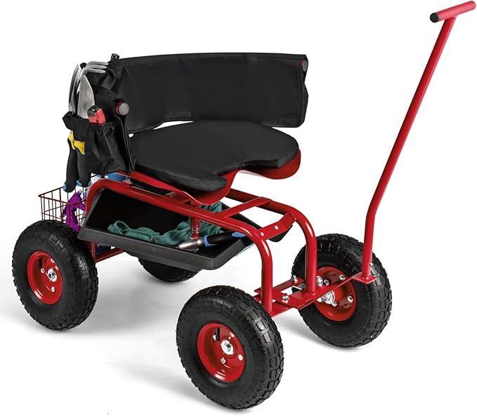 Garden Cart on Wheels 360° Swivel Rolling Outdoor Workseat with Washable Cushion &amp Dual Handles Height Adjustable Garden Stool for Patio Yard (Red)