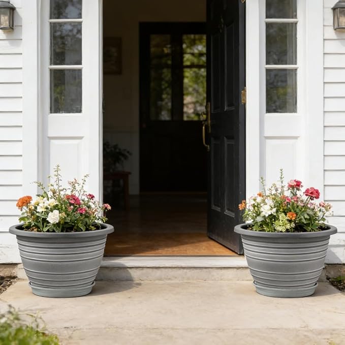 Large-Planter-Indoor-Outdoor Plant Pots 12 inch 3 Pack Plastic Flower Pots with Saucer and Drainage Holes Retro Antique Imitation Decorative Garden Containers Sets for Houseplant
