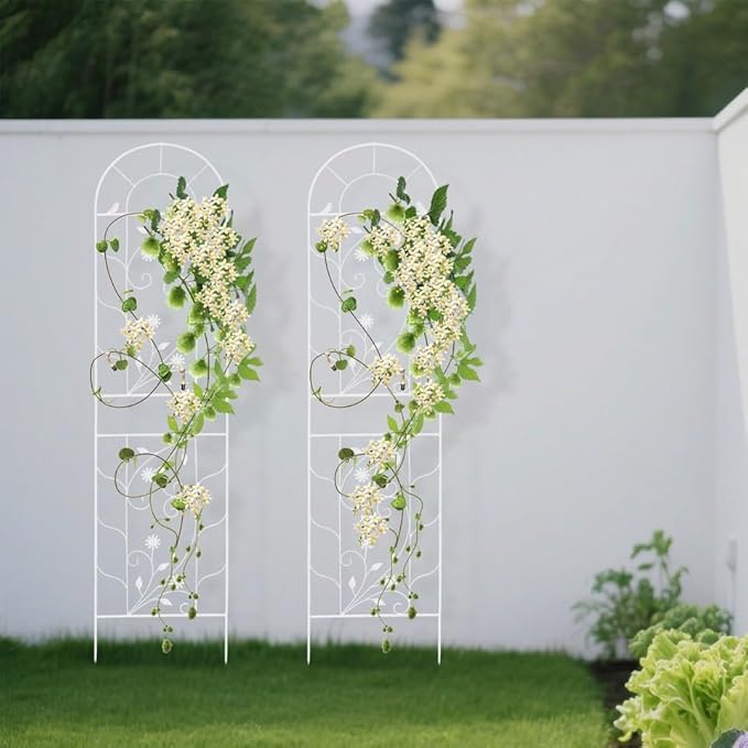 2 Packs 82.6x20 inch Metal Garden Trellis for Climbing Plants Outdoor Retro Iron Garden Decor Fences Panels Flower Plant Support Racks for Roses Vegetables Flowers Expandable (White)