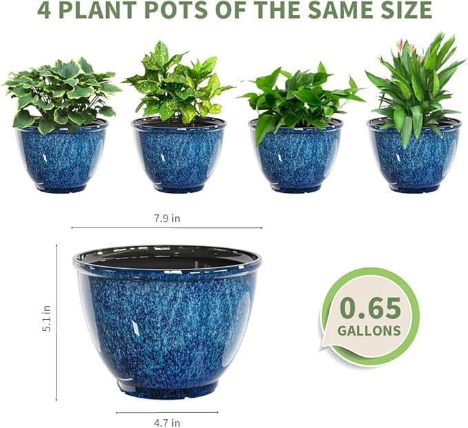 Plant Pots Set of 4 Plastic Planters with Drainage Hole 8 Inch Glaze Plastic Flower Pots for Plants Nursery Planting Pot Planter for Indoor Outdoor Home Decorative(Blue)