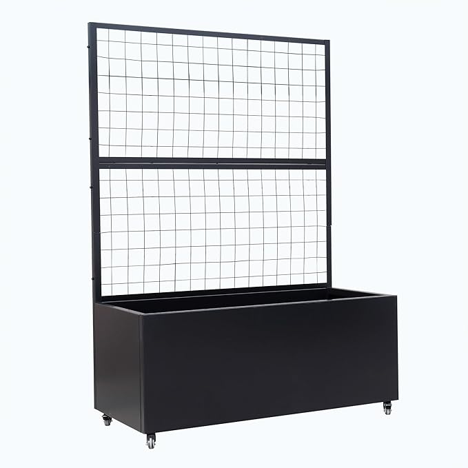Metal Rolling Planter Box with Lattice Trellis – Modern COR-Ten Steel Trough on Casters | 66” x 46” x 21” (Black)