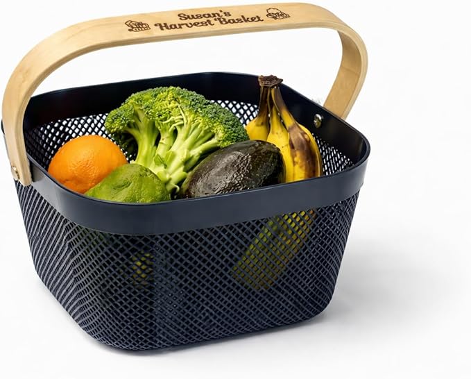 Harvest Basket Plastic Mesh Garden Hod with Personalized Bamboo Handle – Lightweight Vegetable Harvest Basket for Gardening Washing and Carrying Produce