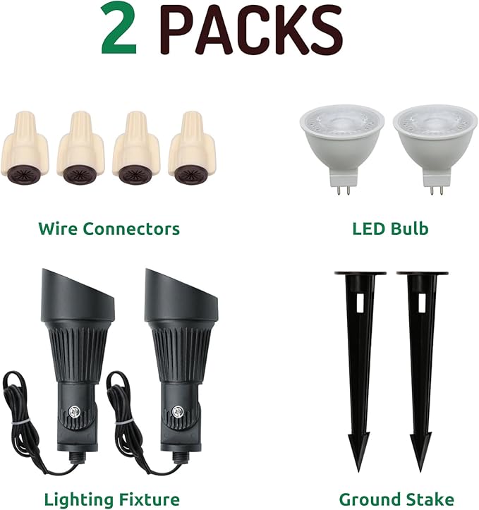 Lumina Lighting® 5W Landscape Lighting 12V Landscape Lights Low Voltage Landscape Spotlights Warm White Waterproof Outdoor Replaceable LED Bulb for GardenLawnPorchPatio and Yard (Black) (2-Pack)