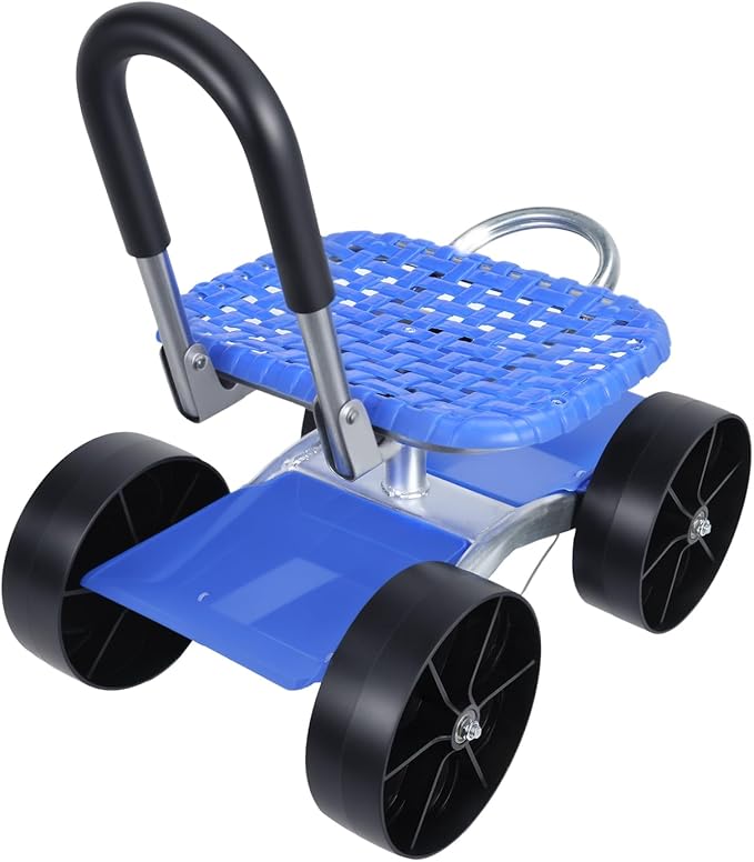Rolling Garden Seat Utility Garden Stool with Flat Wheels Foldable Lazy Seat Stool Picking Rotary Tool Cart with Storage Shelf Adjustable Height Blue