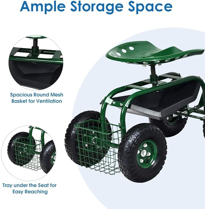 GRAFFY Garden Cart w/Wheels Mobile Rolling Work Seat w/Tool Tray and Basket Lawn Wagon Cart with Rotating and Adjustable Seat Patio Yard Stool Cart Green