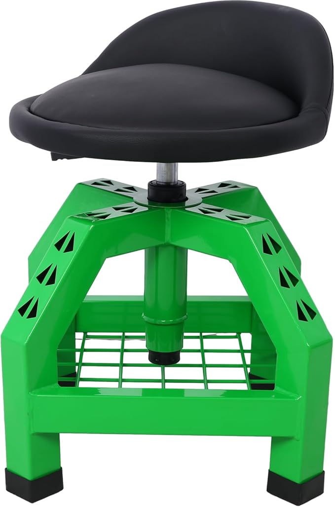 Rolling Shop Stool for Garage with Tool Storage Lower Shelf Ergonomic Padding Lumbar Support 360° Swivel Shop Seat Green