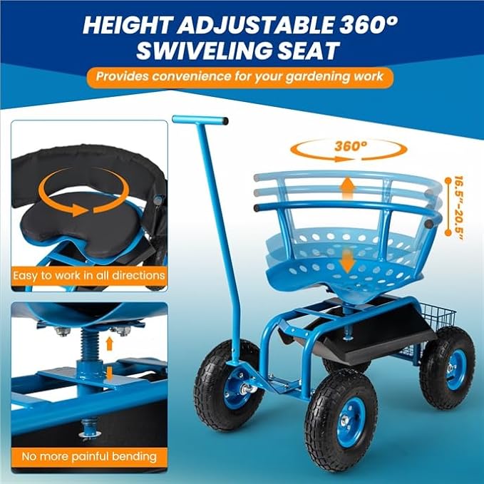 ERGOMASTER Rolling Garden Seat with Wheels360 Degree Swivel Seat Gardening Stool for PlantingTool Storage &amp 2 Steering HandlesUse for Patio Yard and Outdoors Workseat Blue