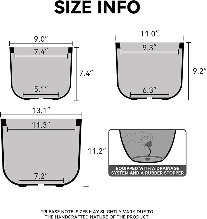Kante 13119 Dia Black Round Planters (Set of 3) Outdoor Indoor Modern Planter Pots Lightweight Weather Resistant Seamless with Drainage Hole