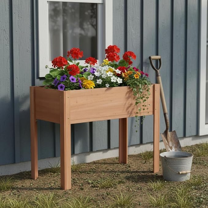Elevated Wooden Garden Bed with Legs 40x20x31 Inch Planter Box for Growing Vegetables Fruits Flowers and Herbs Outdoors