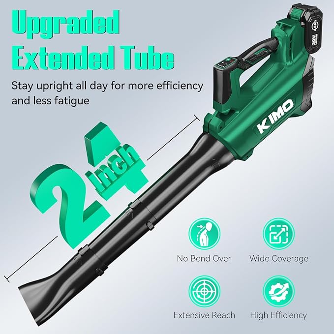KIMO Cordless Leaf Blower with Battery and Charger 750CFM 220MPH 4 Speeds w/Turbo Mode Brushless Motor 3 Extended Tube 2x4.0Ah Battery Powered Leaf Blowers for Lawn Care Patio Cleaning Wet Leaves