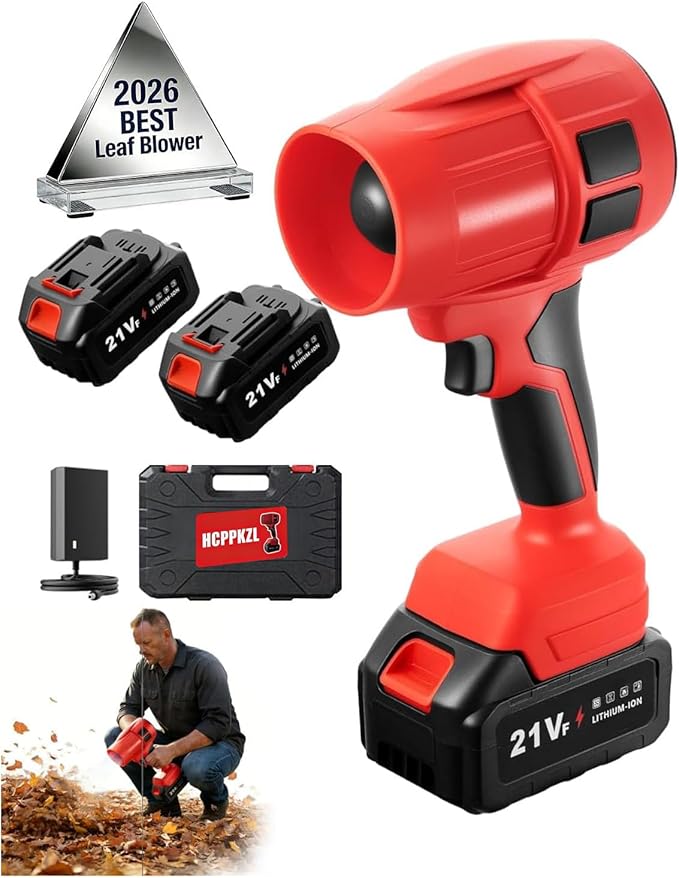 Power Leaf Blower 21V Cordless Lightweight Handheld Electric Turbo Jet 2x4Ah Batteries Fast Charger 1000000 RPM High Speed with Ergonomic Handle for Yard Cleaning Lawn Maintenance Blowing Leave (Red)