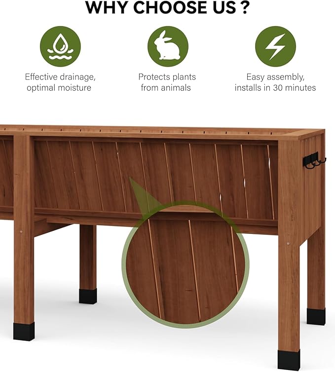 Elevated Wood Planter Box with Leg &amp HOOKS - 72x26x30 Inch Raised Garden Bed Includes Non-Woven Liner 13.7in Depth for Vegetables &amp Herbs Outdoor Patio Raised Planter. (6x2x2.5 Ft) Brown
