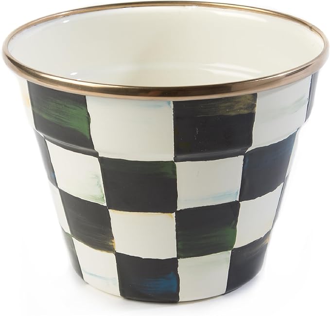 MACKENZIE-CHILDS Enamel Garden Pot Planting Pot for Plants and Flowers Small Black-and-White Courtly Check