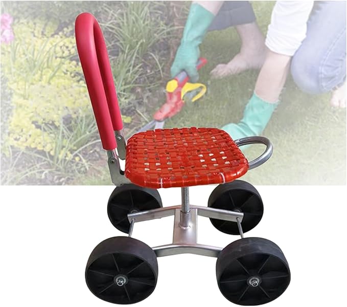 Garden Stool with Wheels Gardening Helper with Foldable Backrest Bearing 150kg Adjustable Height 22-36cmfor Orchards Farms(Red4 Wheels)